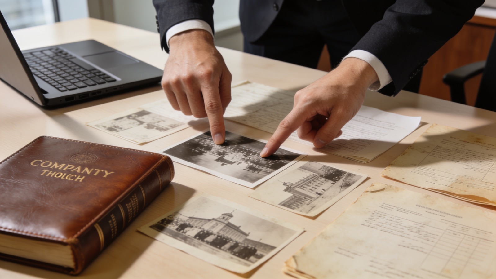 Projekt-Briefing: historische Schwarz-Weiß-Fotos und Firmenchronik auf dem Besprechungstisch