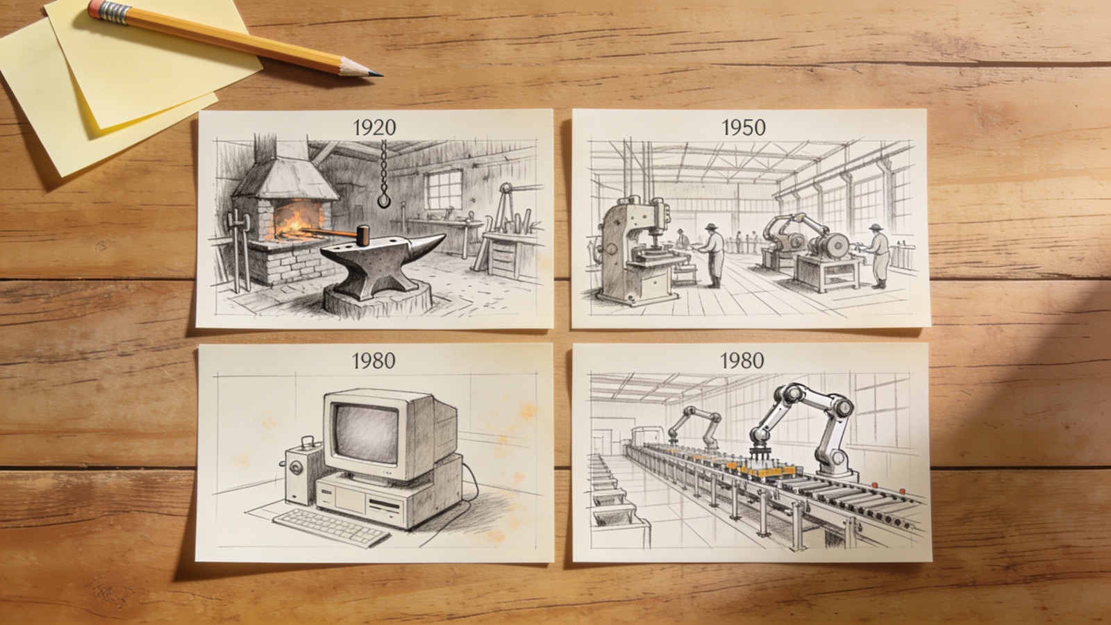 Storyboard-Karten mit Szenenskizzen über vier Zeitepochen für den Jubiläumsfilm