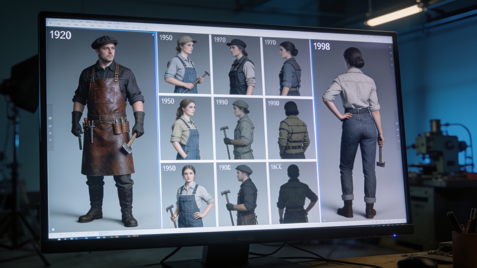 Character-Reference-Sheet: KI-generierter Schmied der 1920er Jahre in mehreren Ansichten