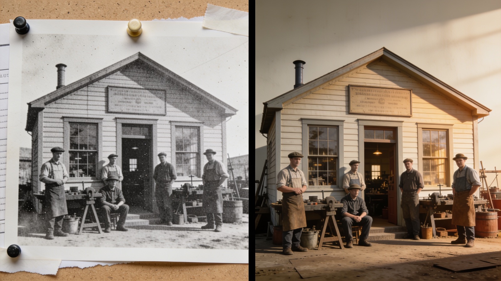 Vergleich: historisches Schwarz-Weiß-Foto der Werkstatt neben fotorealistischem KI-Referenz-Frame