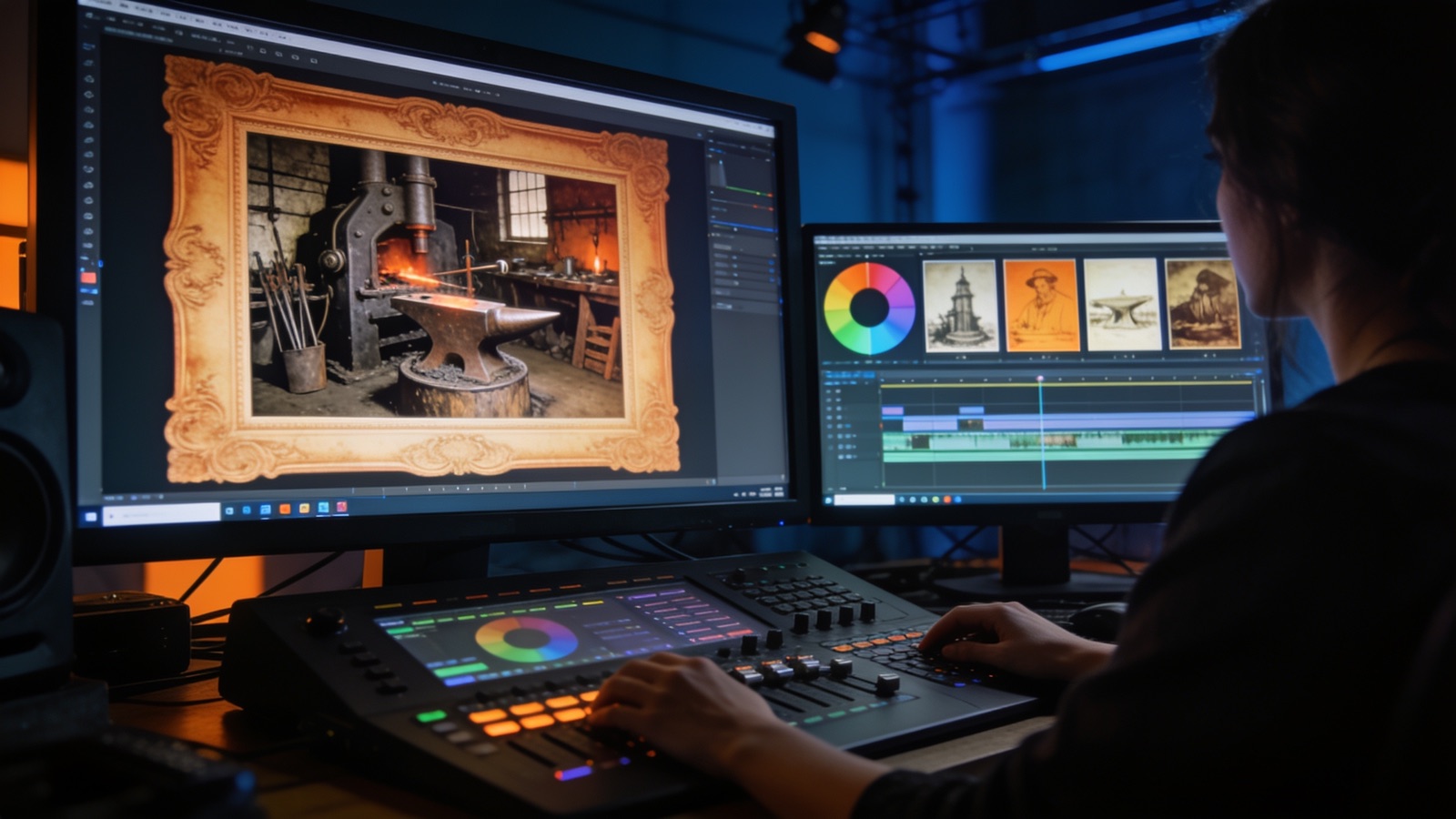 Postproduktion: Editorin in der Grading-Suite mit historischem Frame und Timeline auf den Monitoren