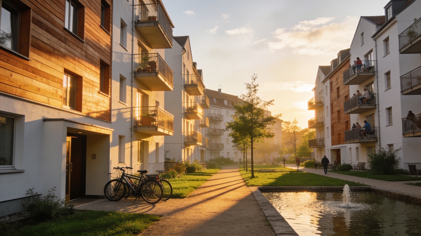 KI-generierter Filmstill: neu gebautes Wohnquartier im Abendlicht, Hero-Frame des Vermarktungsfilms