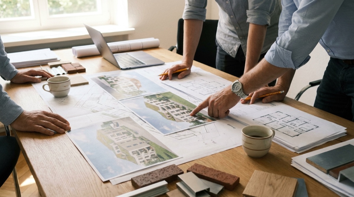 Projekt-Briefing: Renderings, Lagepläne und Materialmuster auf dem Besprechungstisch