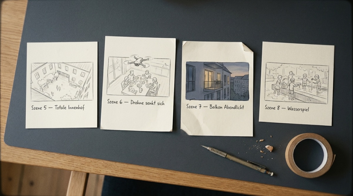 Storyboard-Karten mit Szenenskizzen für den KI-Imagefilm