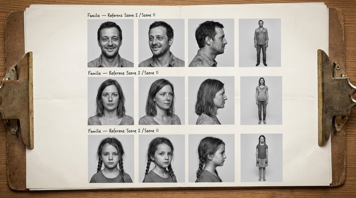 Character-Reference-Sheet: KI-generierte Familie in Front-, Halbprofil- und Profilansicht