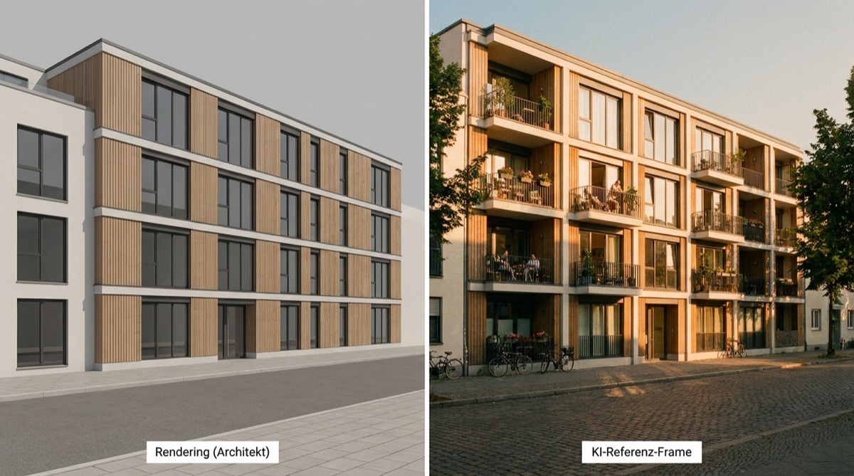 Vergleich: Architektur-Rendering neben fotorealistischem KI-Referenz-Frame