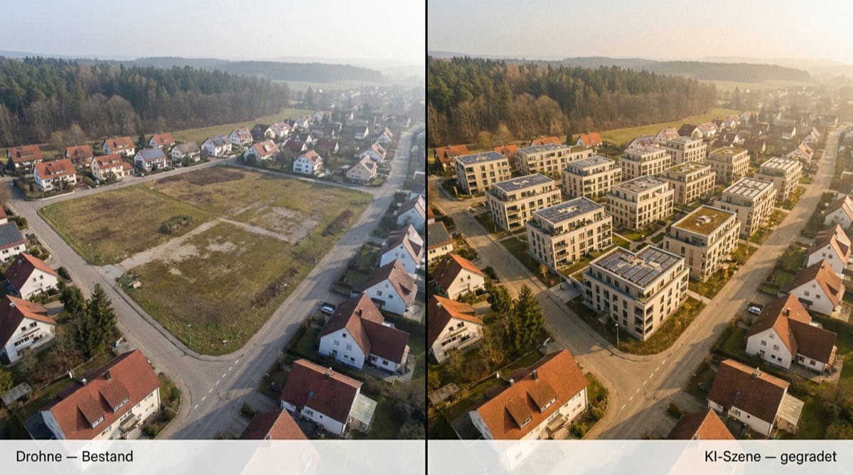Split-Frame: reale Drohnenaufnahme neben KI-Szene nach dem Grading