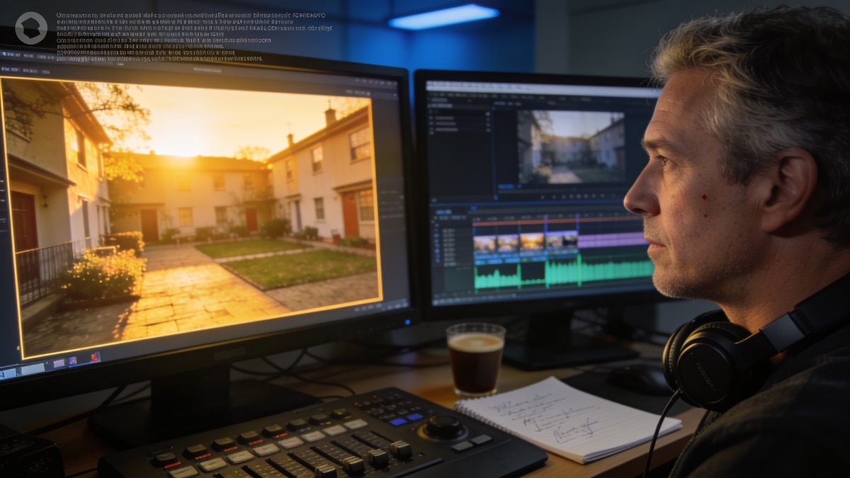 Postproduktion: Editor in der Grading-Suite mit Timeline und Referenzmonitor
