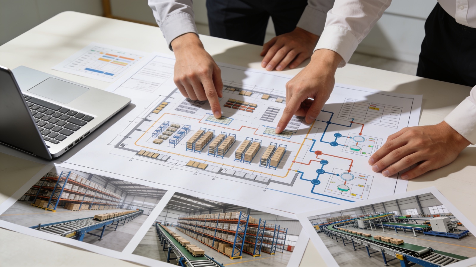 Projekt-Briefing beim Logistiker: Layoutpläne des Lagers und Prozessdiagramme auf dem Tisch