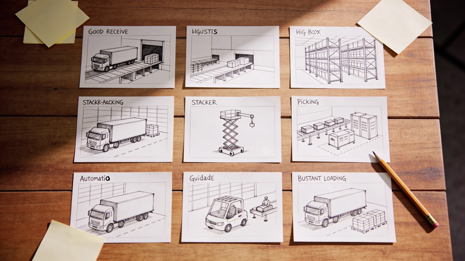 Storyboard-Karten mit Szenenskizzen für den Logistik-Lagerfilm auf einem Tisch