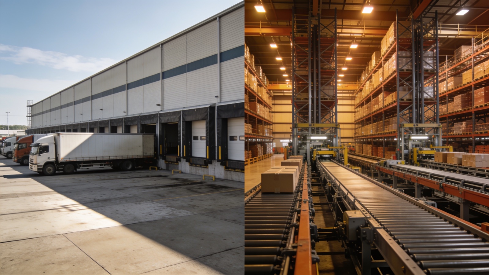 Split-Frame: reale Außenaufnahme des Logistikzentrums neben KI-Lagerszene nach dem Grading