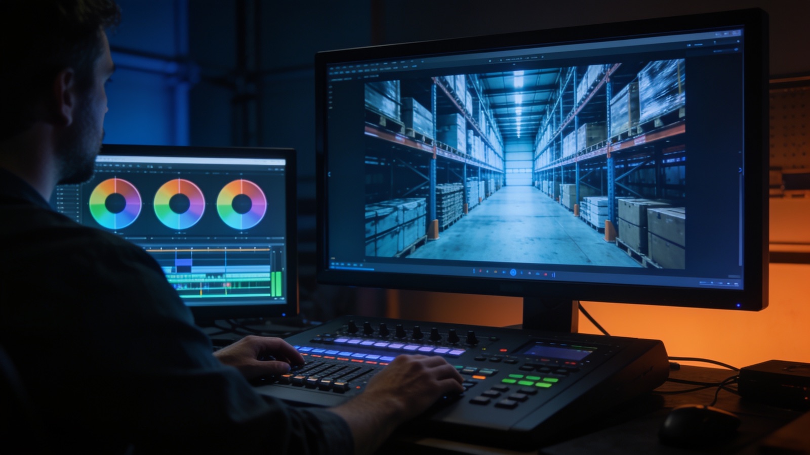 Postproduktion: Editor in der Grading-Suite mit Lager-Frame und Timeline auf den Monitoren