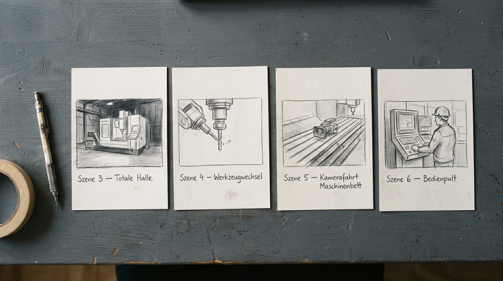 Storyboard-Karten mit Szenenskizzen für den KI-Produktfilm der CNC-Maschine