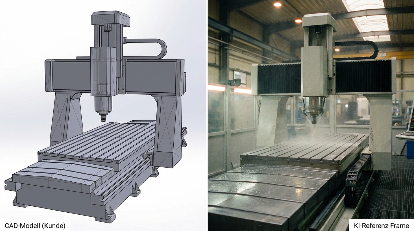 Vergleich: CAD-Modell der Portalfräsmaschine neben fotorealistischem KI-Referenz-Frame