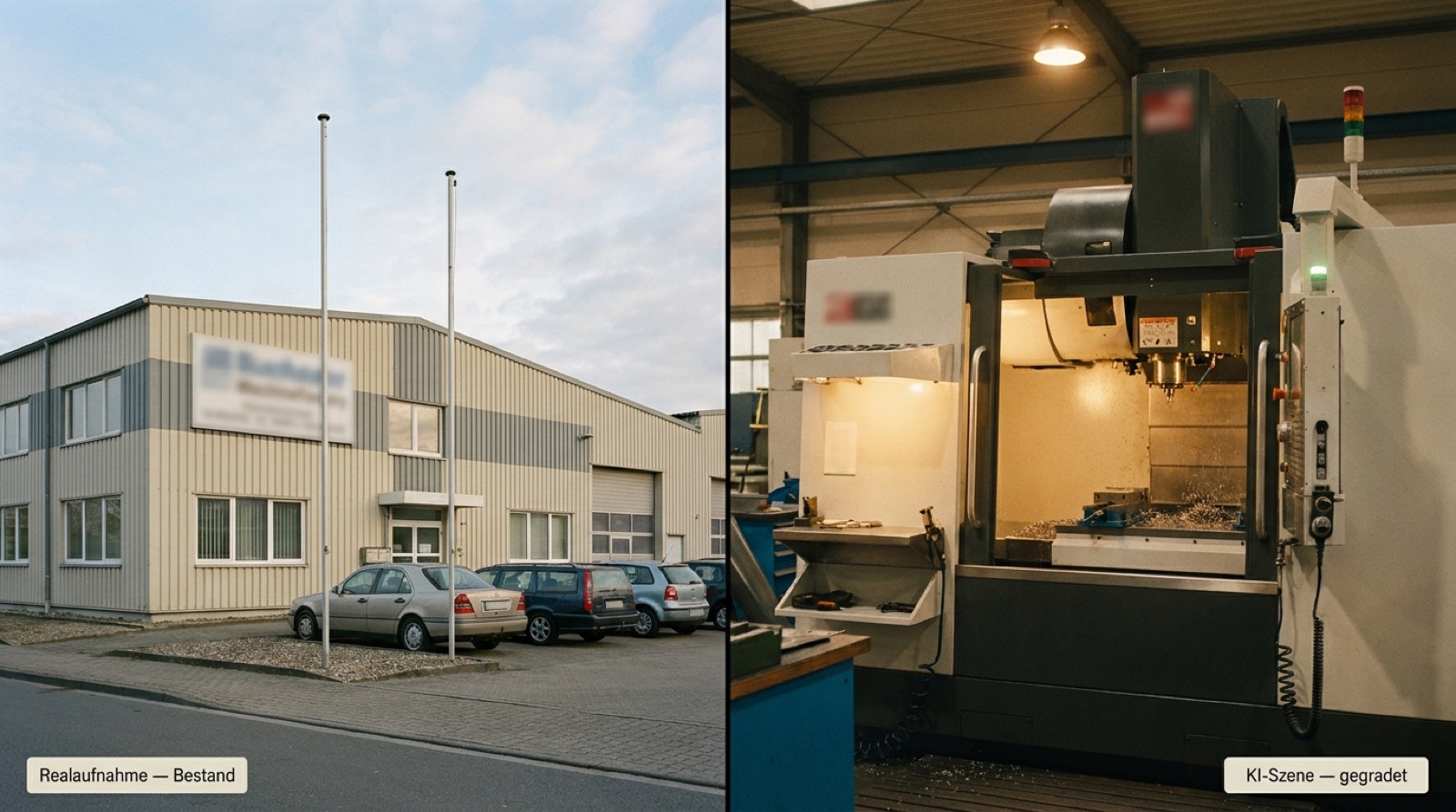 Split-Frame: reale Werksaufnahme neben KI-Szene der Produktionshalle nach dem Grading