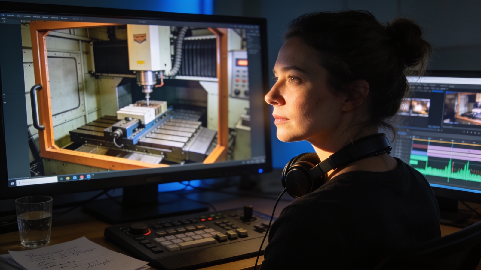 Postproduktion: Editorin in der Grading-Suite mit Timeline und Maschinen-Frame auf dem Monitor