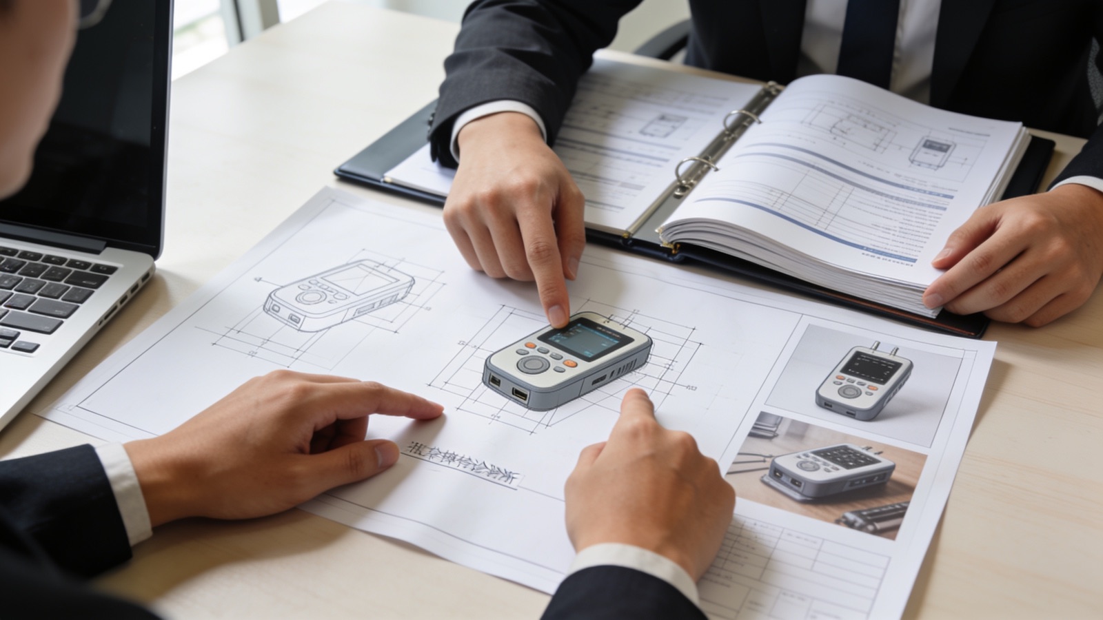 Projekt-Briefing beim MedTech-Hersteller: Produktfotos, CAD-Ausdrucke und Dokumentation auf dem Tisch