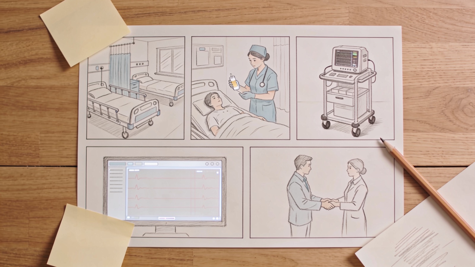 Storyboard-Karten mit Szenenskizzen für den MedTech-Produktfilm auf einem Tisch