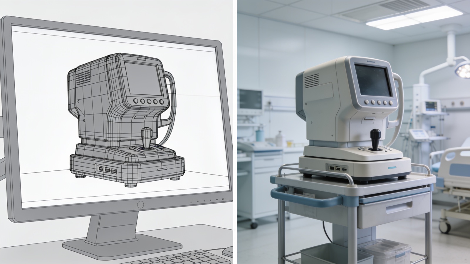 Vergleich: CAD-Modell des Diagnostikgeräts neben fotorealistischem KI-Referenz-Frame