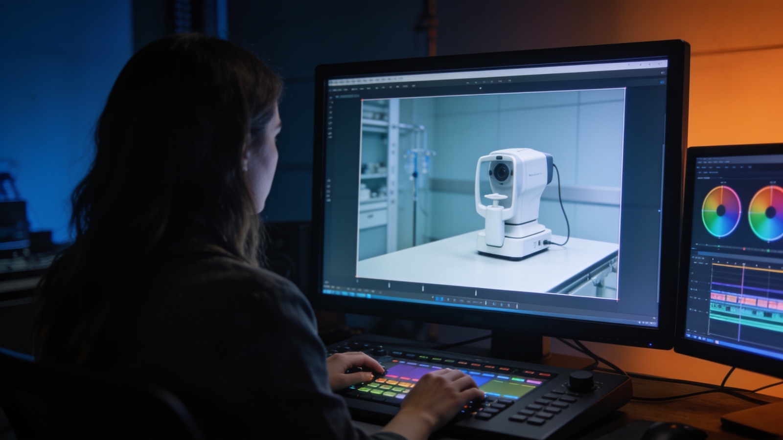 Postproduktion: Editorin in der Grading-Suite mit Klinik-Frame und Timeline auf den Monitoren