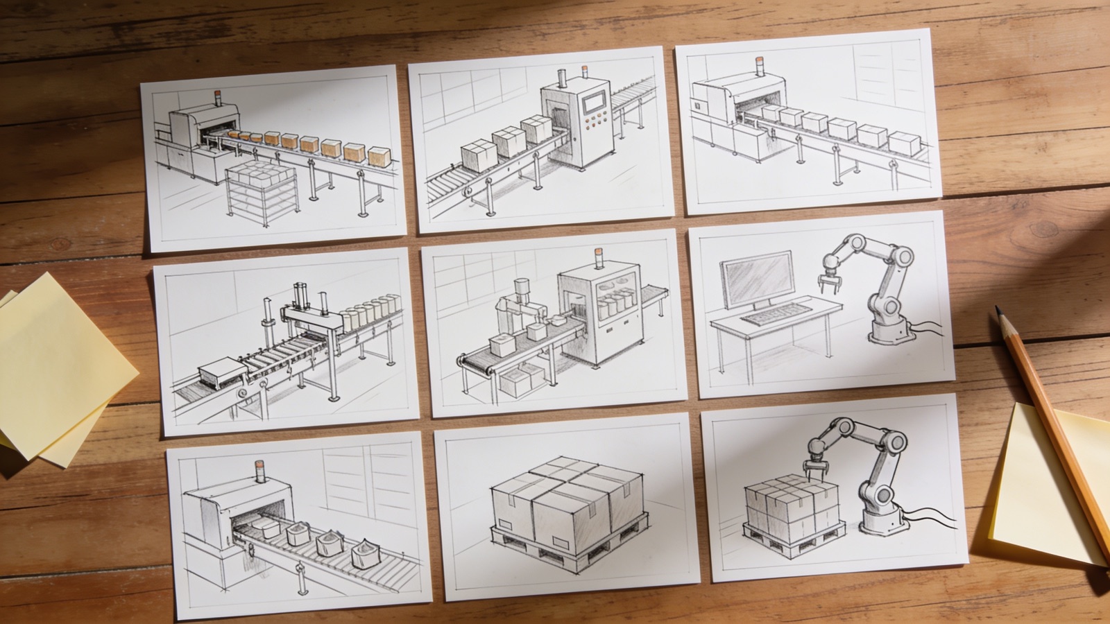 Storyboard-Karten mit Szenenskizzen für den Messefilm der Verpackungslinie