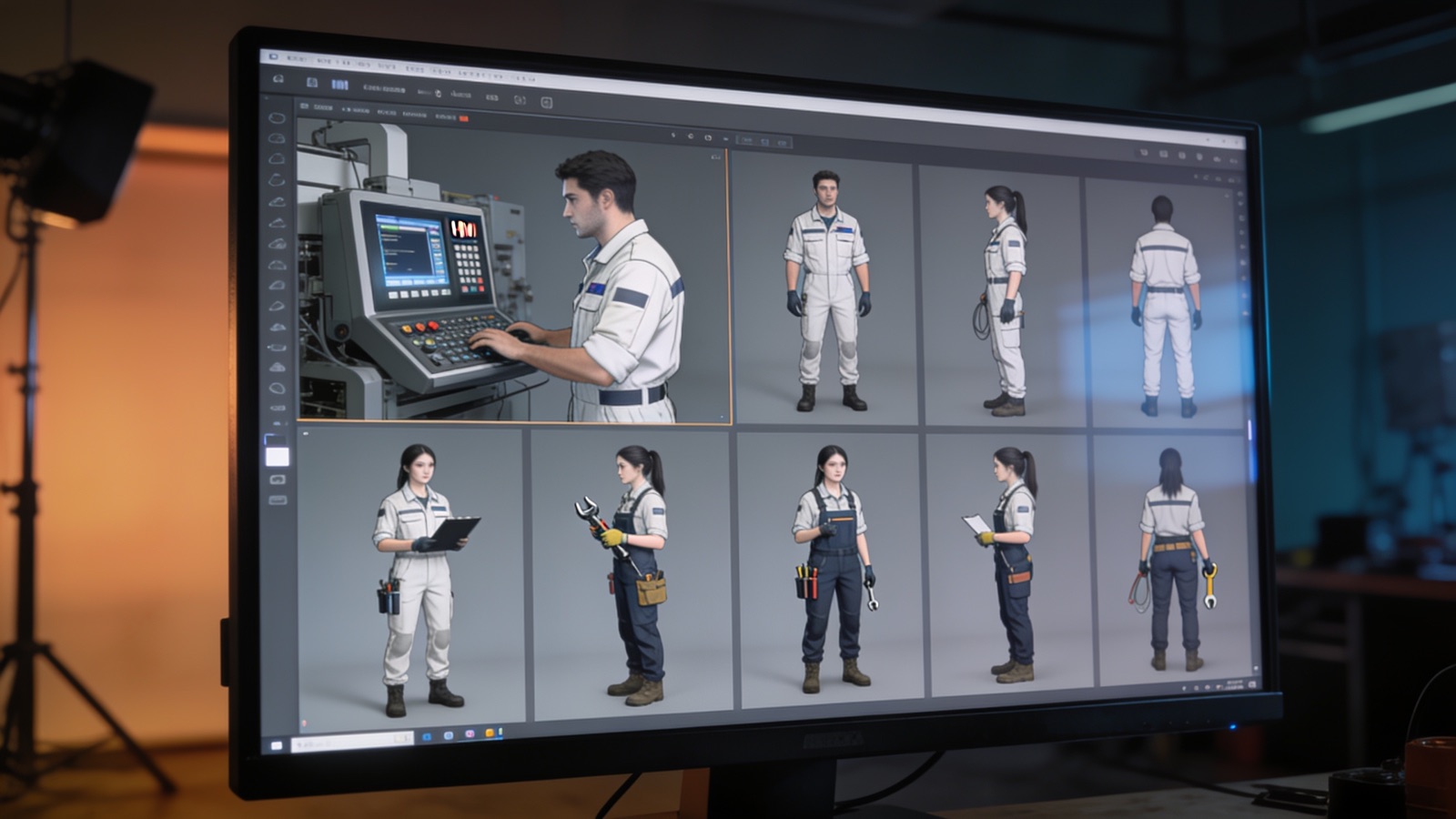 Character-Reference-Sheet: KI-generierter Anlagenbediener und Instandhalterin in mehreren Ansichten
