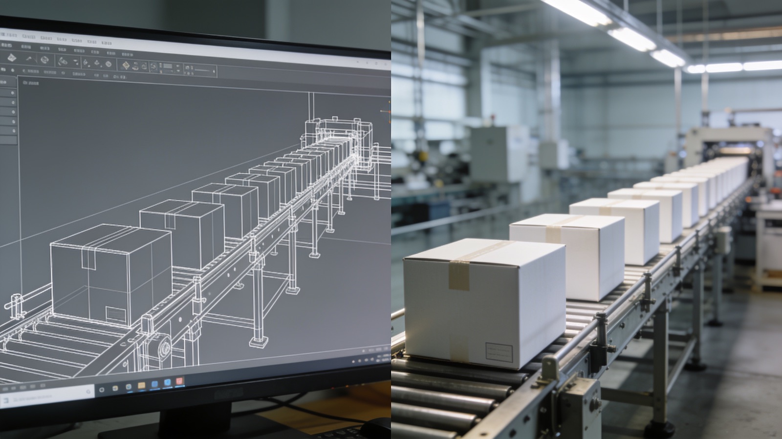 Vergleich: CAD-Modell der Verpackungslinie neben fotorealistischem KI-Referenz-Frame