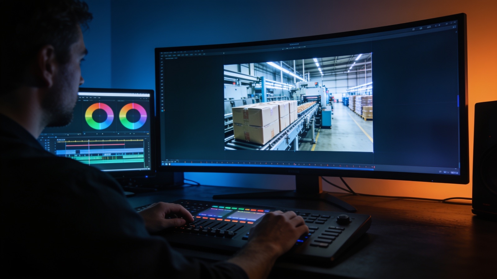Postproduktion: Editor in der Grading-Suite mit Anlagen-Frame und Timeline auf den Monitoren
