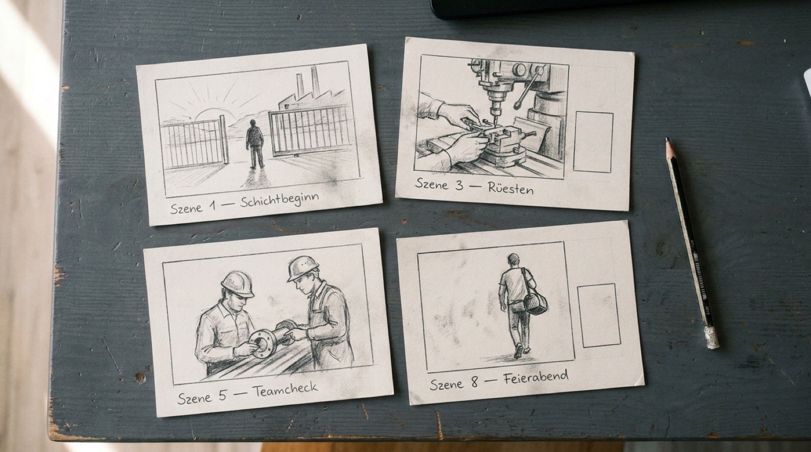Storyboard-Karten mit Szenenskizzen für das KI-Recruiting-Video einer Schicht