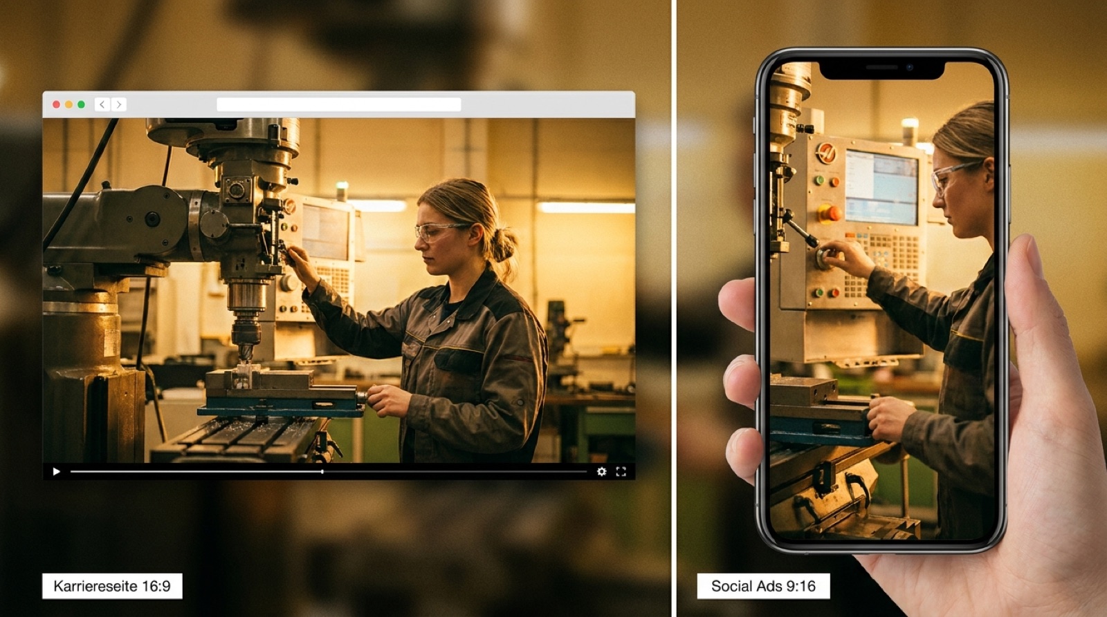 Formatvergleich: dieselbe Szene als 16:9-Frame für die Karriereseite und 9:16-Frame für Social Ads