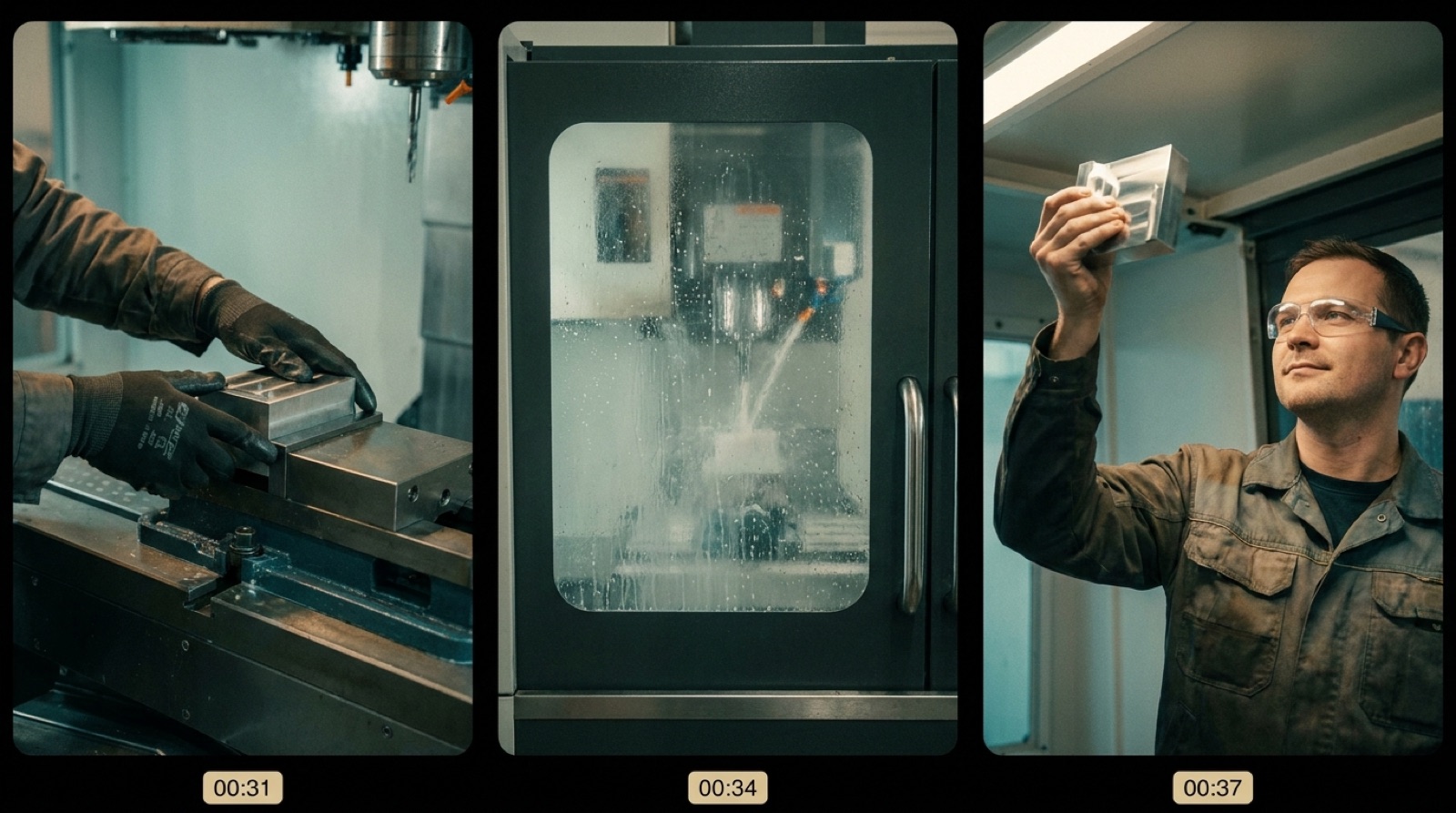Filmstreifen: drei aufeinanderfolgende Frames der animierten CNC-Szene im Recruiting-Video