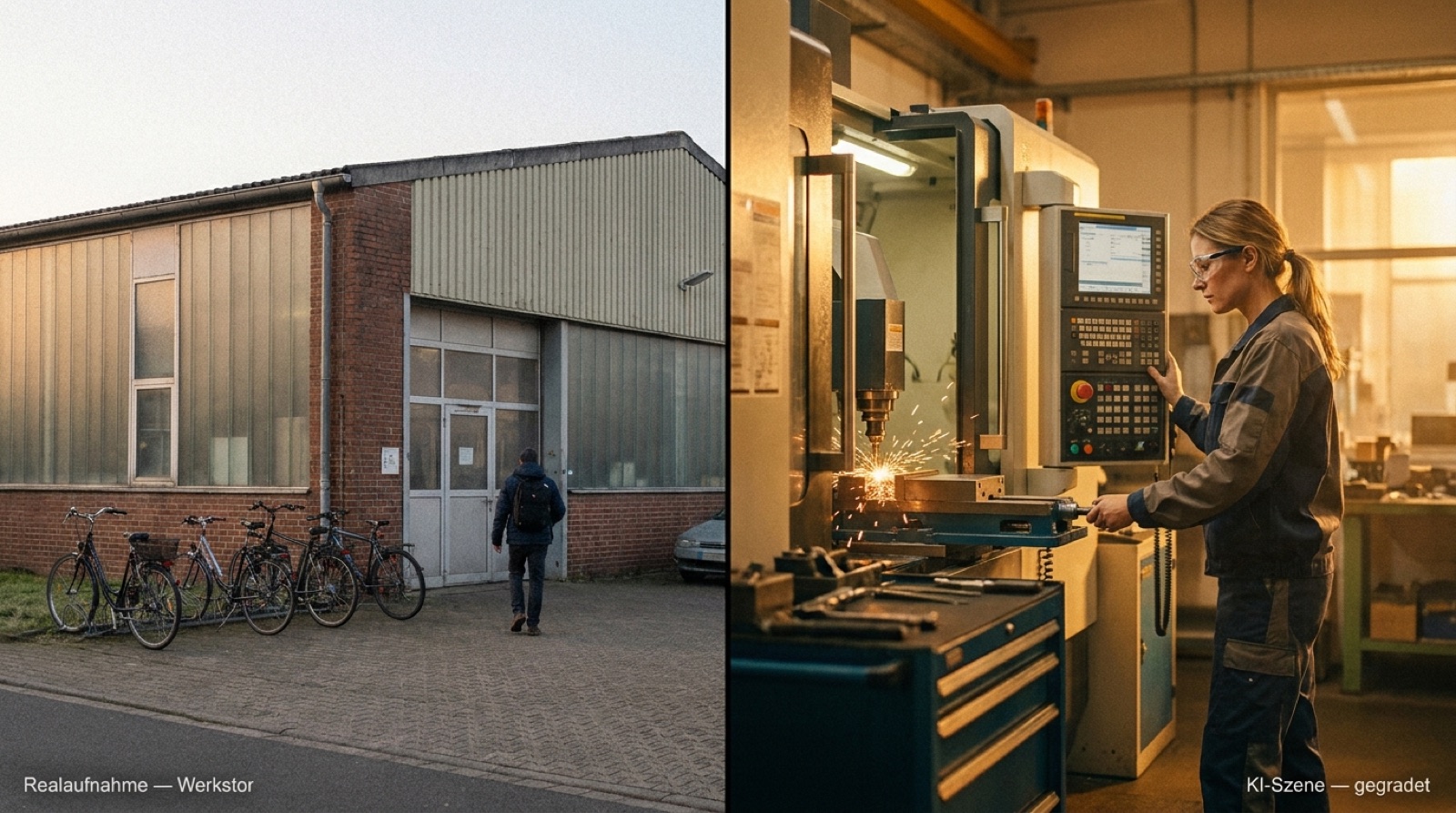 Split-Frame: reale Aufnahme des Werkstors neben KI-Szene aus der Werkhalle