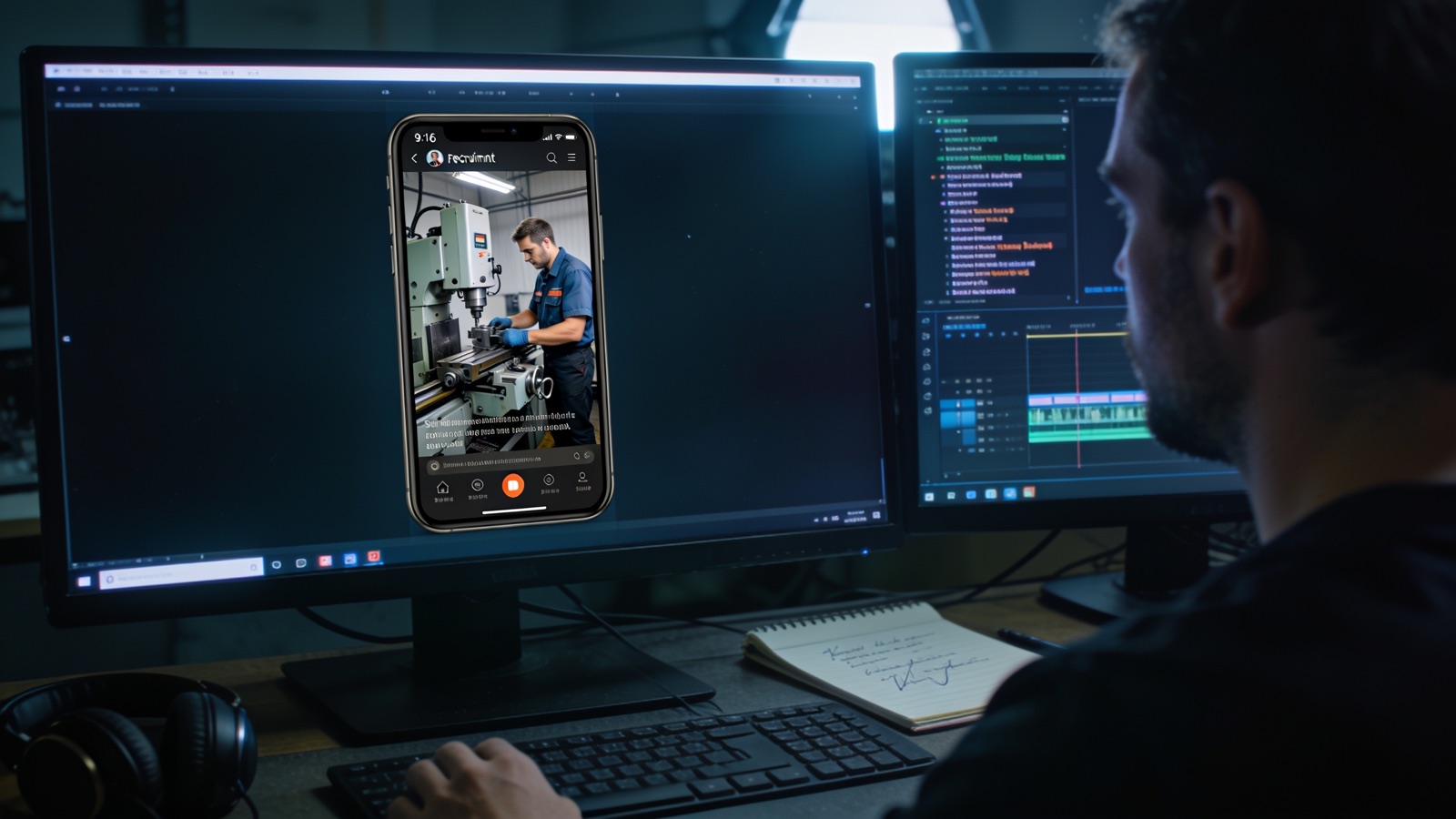 Postproduktion: Editor prüft die 9:16-Fassung des Recruiting-Videos mit Untertitel-Spur