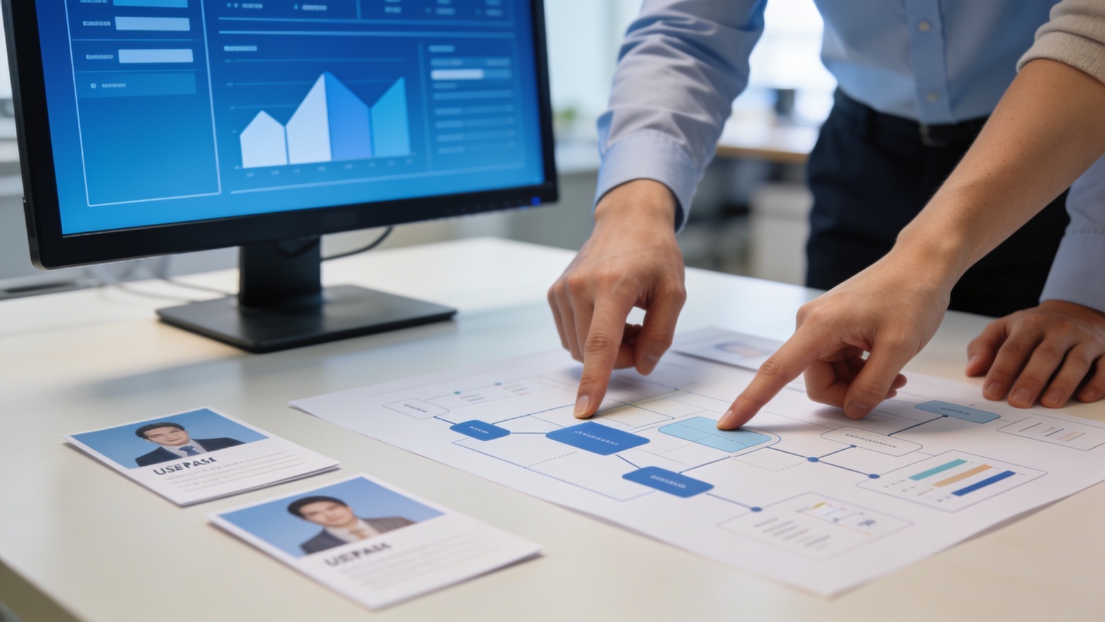 Projekt-Briefing beim SaaS-Anbieter: UI-Screens und Use-Case-Diagramme auf dem Bildschirm und Tisch