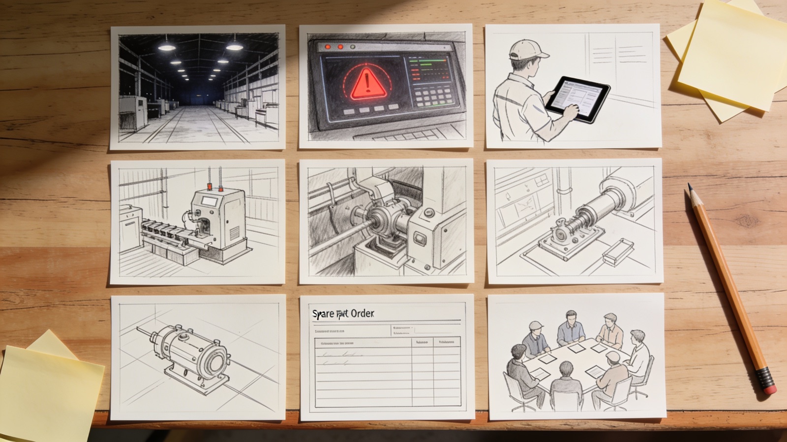 Storyboard-Karten mit Szenenskizzen für den SaaS-Produktfilm auf einem Tisch