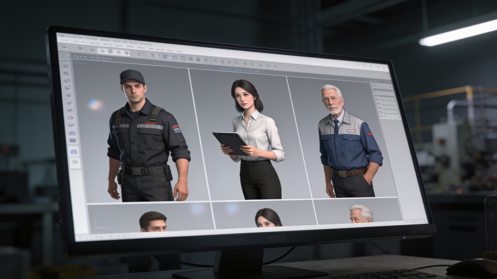 Character-Reference-Sheet: KI-generierter Techniker und Instandhaltungsleiterin in mehreren Ansichten