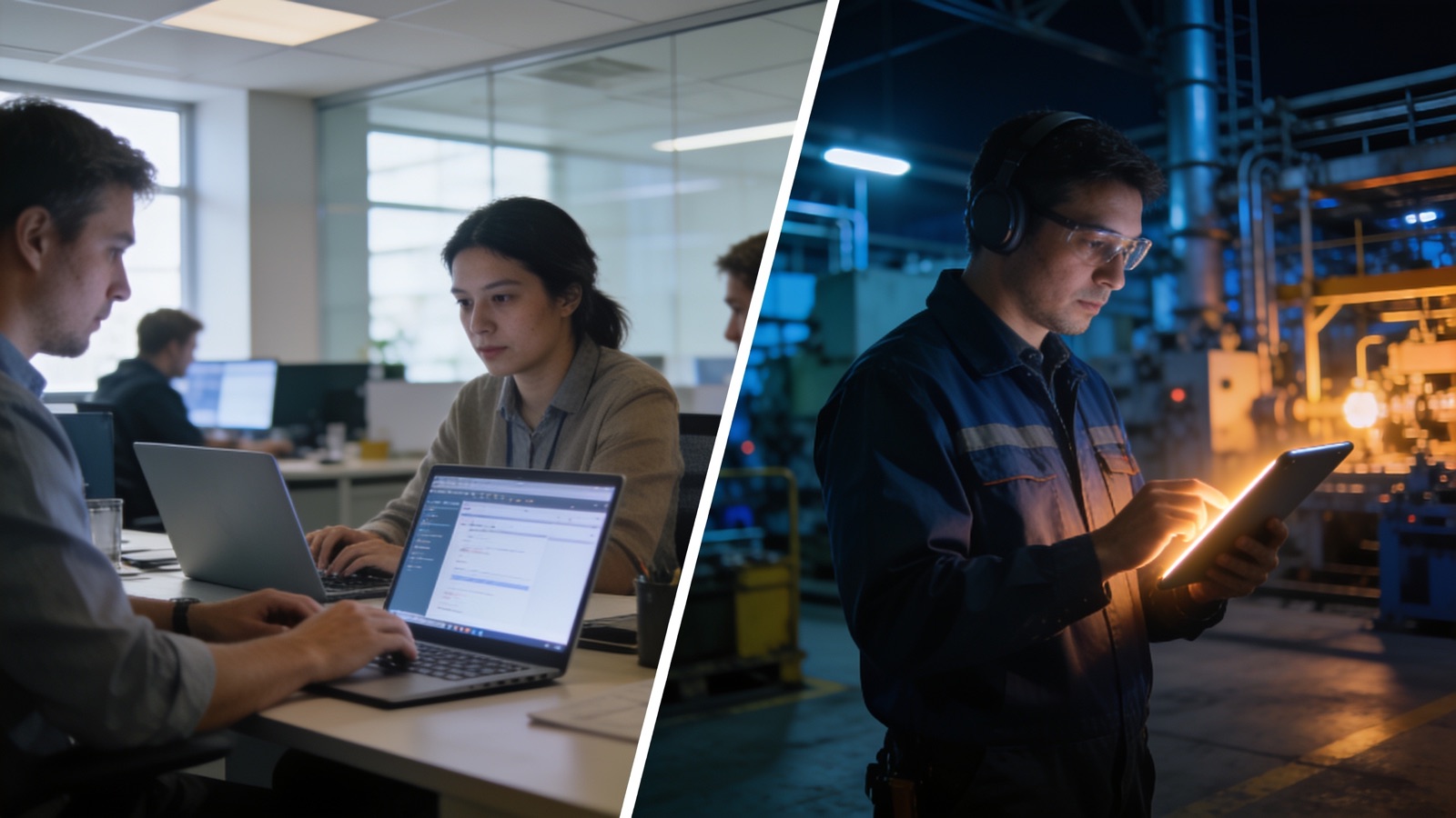 Split-Frame: reale Team-Aufnahme im Büro neben KI-Werkhallenszene mit UI-Montage nach dem Grading