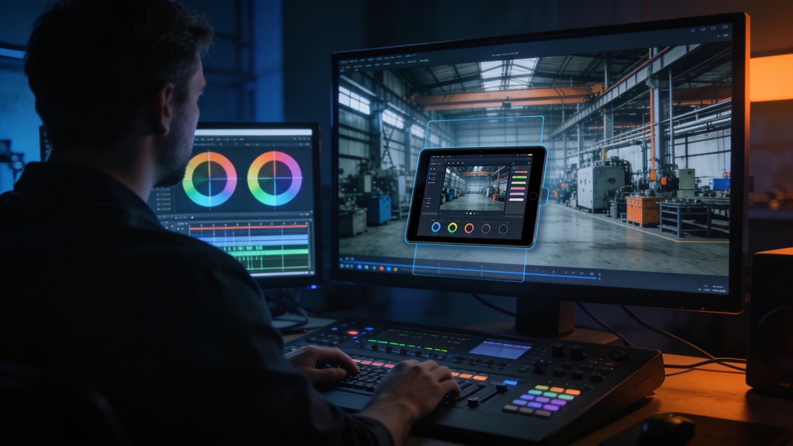 Postproduktion: Editor in der Grading-Suite mit Werkhallen-Frame und UI-Overlay auf den Monitoren