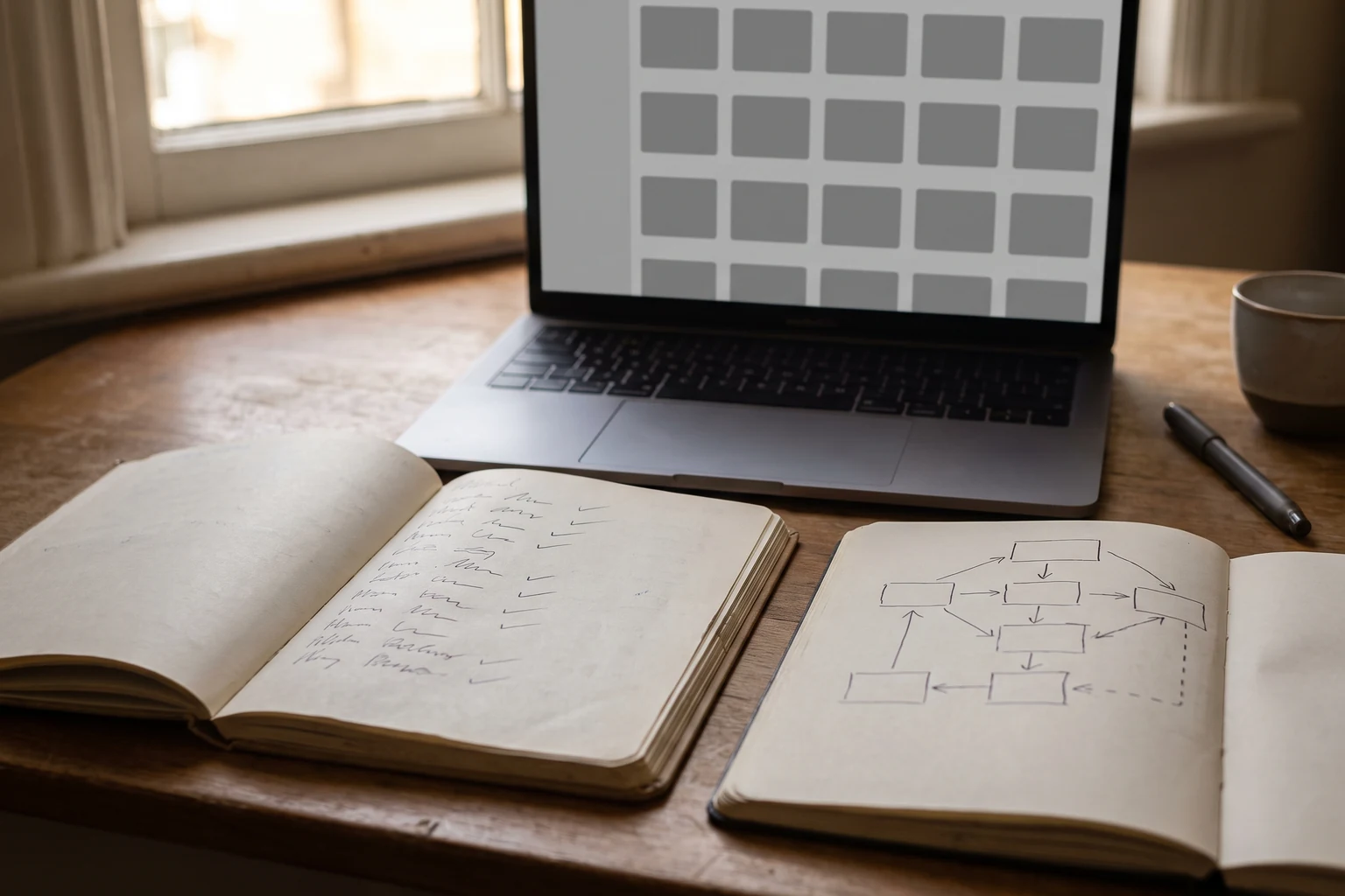 Ein Schreibtisch mit zwei geöffneten Notizbüchern, im linken eine handschriftliche Liste mit Häkchen, im rechten eine Skizze aus Kästchen und Pfeilen, dazwischen ein Laptop mit einer Vorlagenübersicht