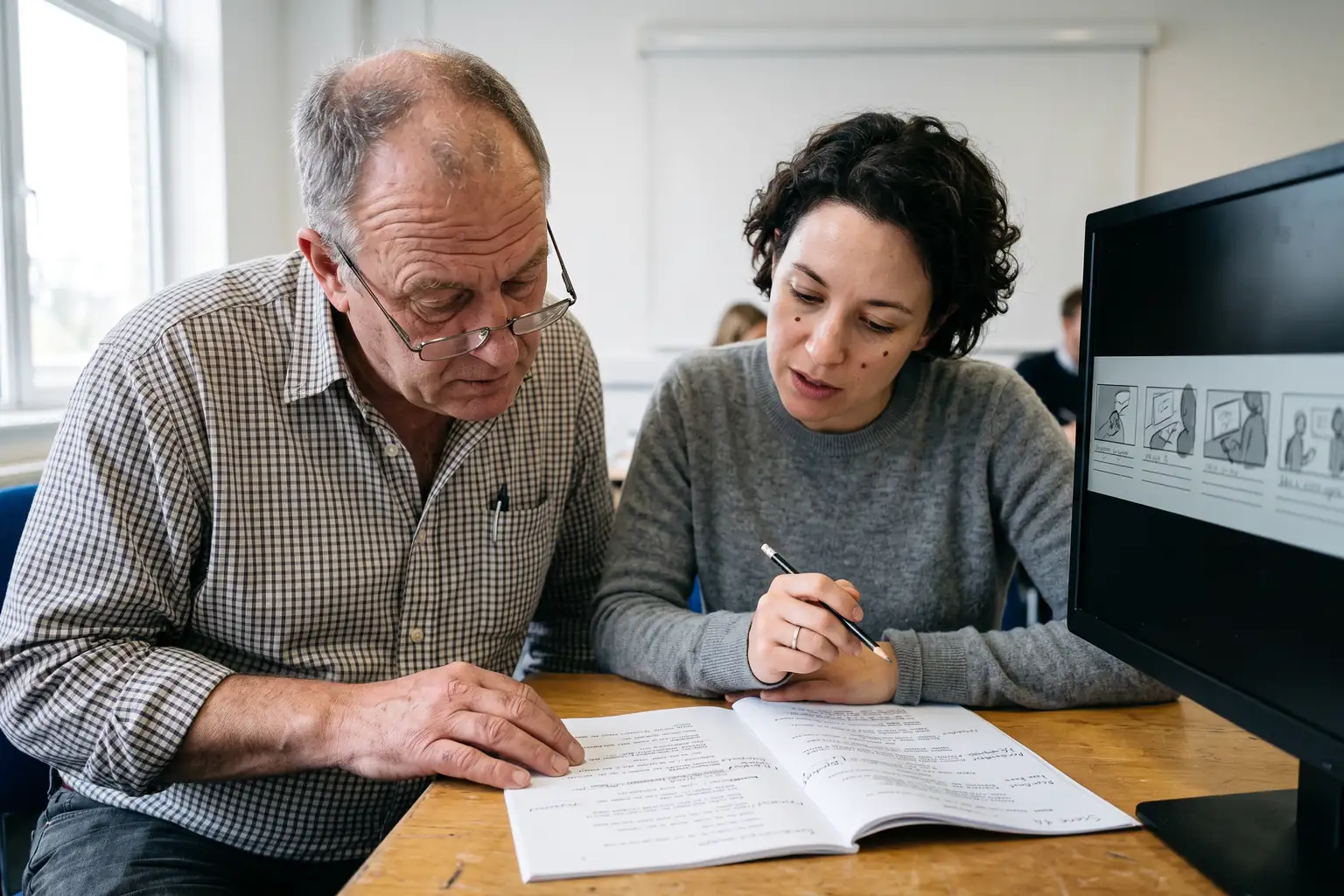 Ein Fachexperte und eine Autorin sitzen an einem Tisch über einem aufgeschlagenen Skript, in dem einzelne Fachbegriffe angestrichen und am Rand einfacher umformuliert sind, daneben ein Bildschirm mit einer Storyboard-Reihe aus sechs Kästen