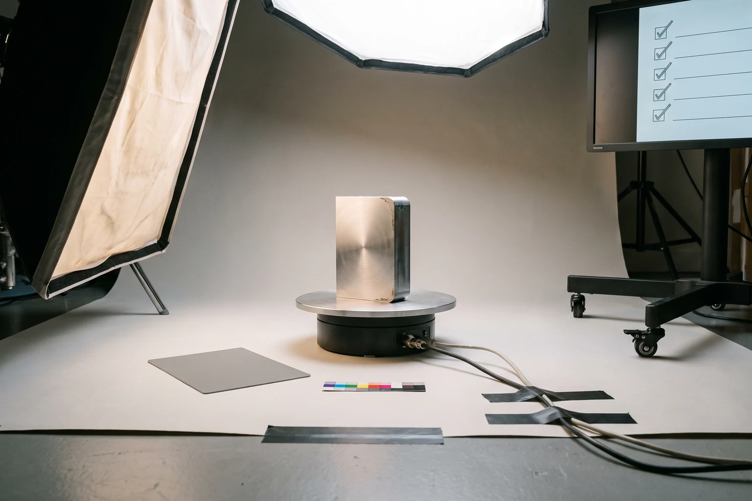 Produktaufnahme im Studio: ein Bauteil auf einem Drehteller unter zwei Softboxen, davor eine Graukarte und ein Farbfeld im Bild, am Monitor daneben die Shotlist mit abgehakten Einstellungen