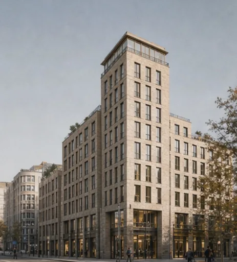 Architektonisches Rendering des geplanten Gebäudes als Standbild, KI-generiert