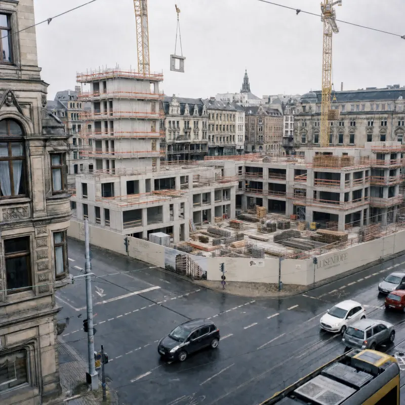 Wachsender Rohbau des Quartiers mit Baugerüst, KI-generiert