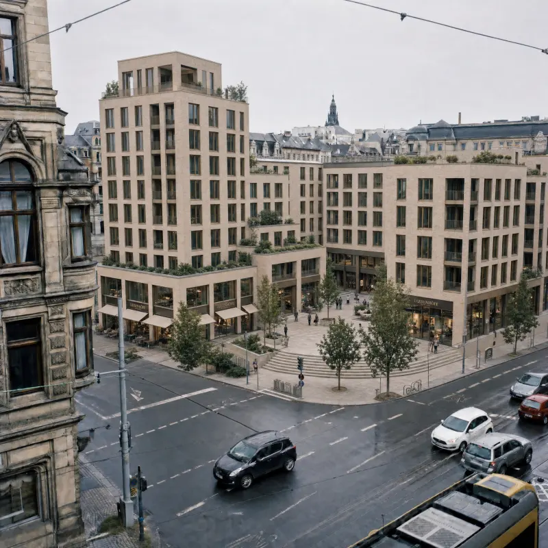 Fertiggestelltes Quartier als Standbild bei Tageslicht, KI-generiert