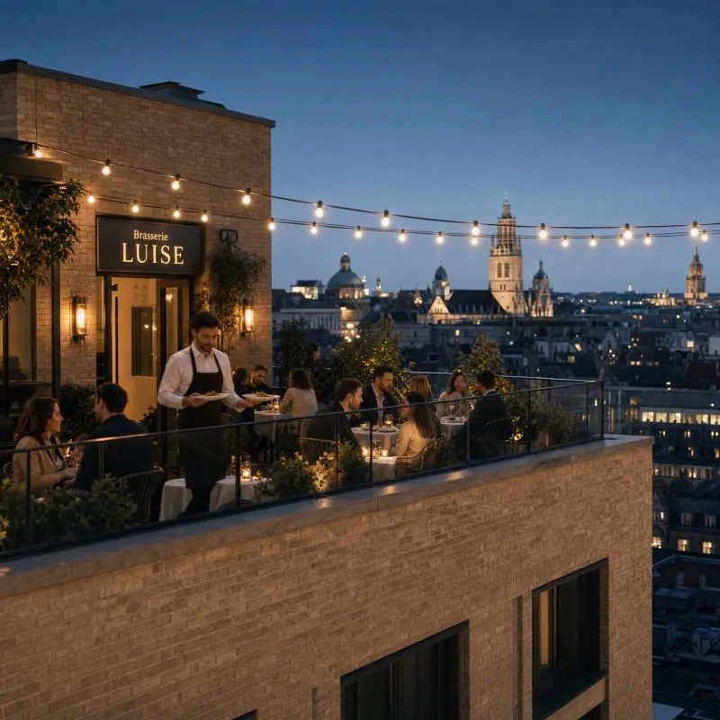 Dachterrasse des Projekts zur blauen Stunde als Standbild, KI-generiert