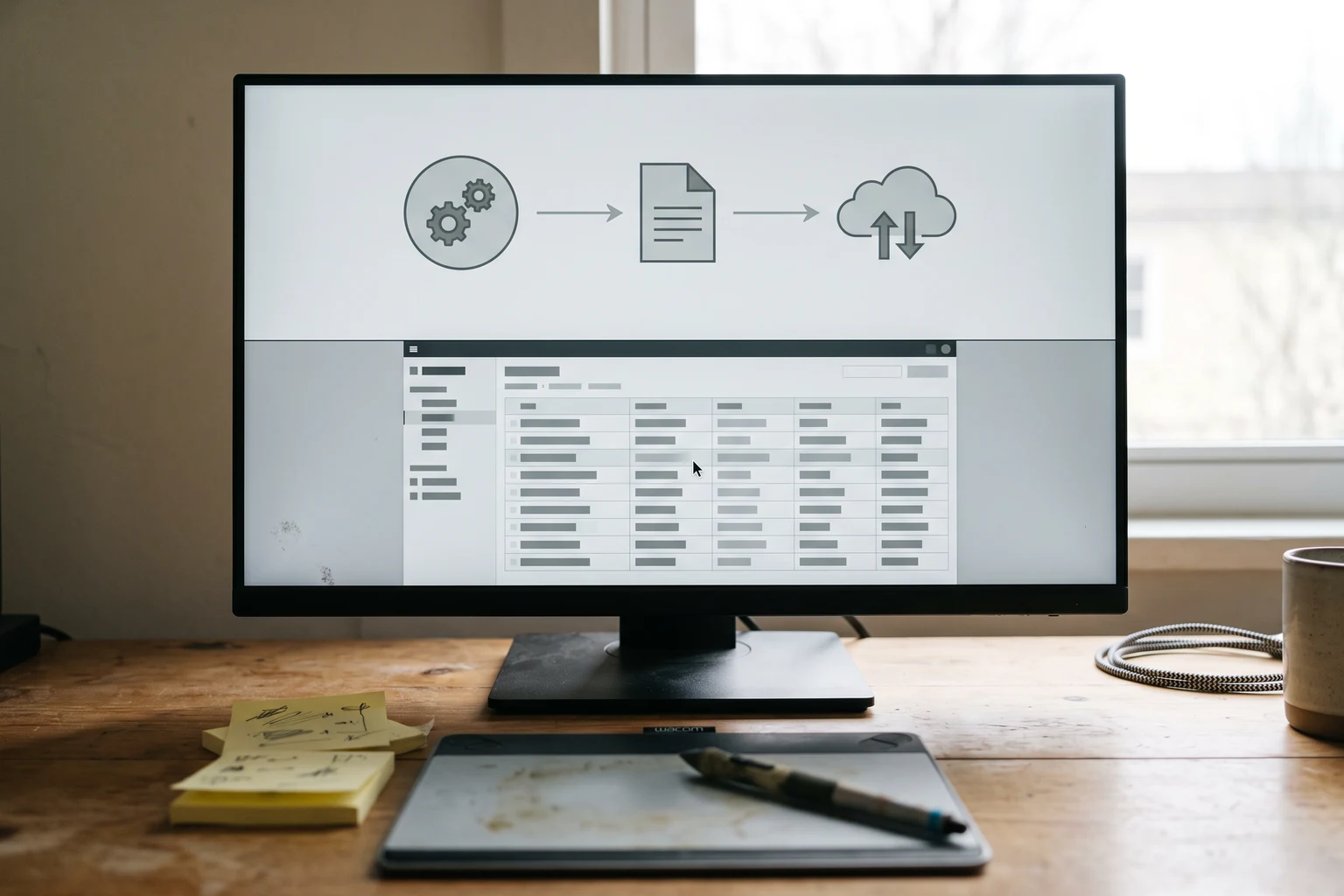 Ein Bildschirm zeigt zwei Fassungen derselben Erklärszene übereinander, oben eine Icon-Grafik mit drei Stationen, unten ein Bildschirmmitschnitt einer Software-Oberfläche mit anonymisierten Beispieldaten