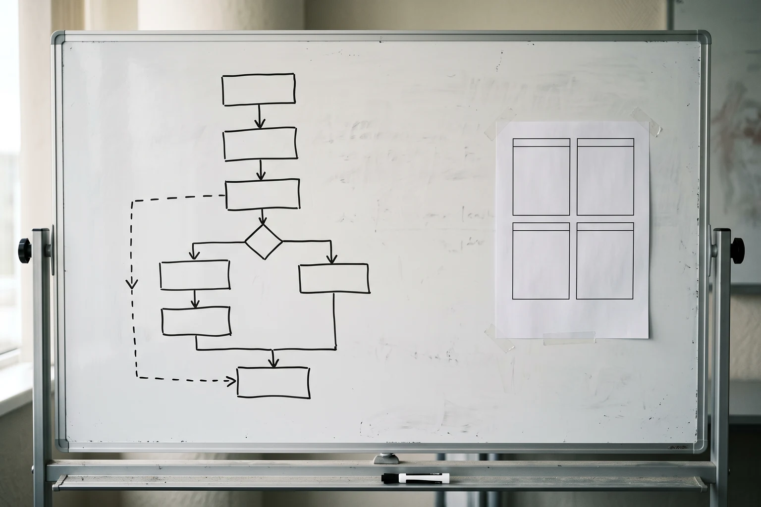 Auf einem Whiteboard ist ein Ablauf mit sechs Kästchen, zwei Verzweigungen und einer gestrichelten Ausnahmelinie gezeichnet, daneben klebt ein Blatt mit vier gleichförmigen Vorlagenrahmen