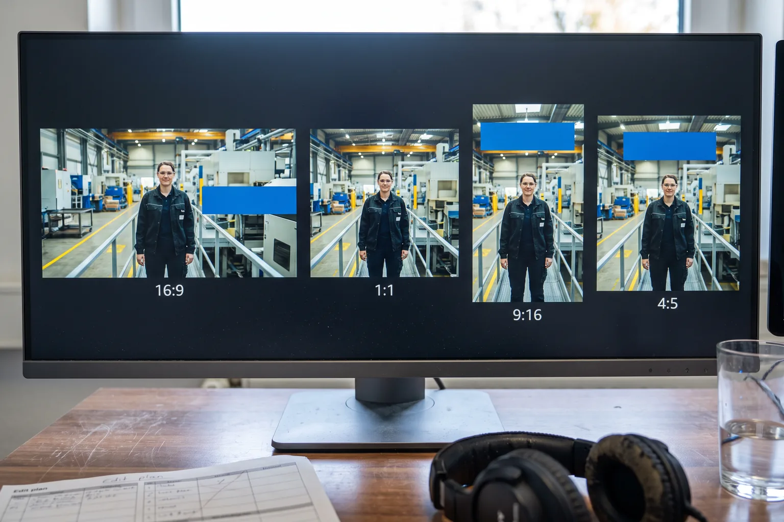 Ein Monitor zeigt dieselbe Filmszene in vier Seitenverhältnissen nebeneinander, im Hochformat steht die Einblendung über dem Motiv statt daneben, auf dem Tisch liegt ein Ausdruck mit dem Schnittplan