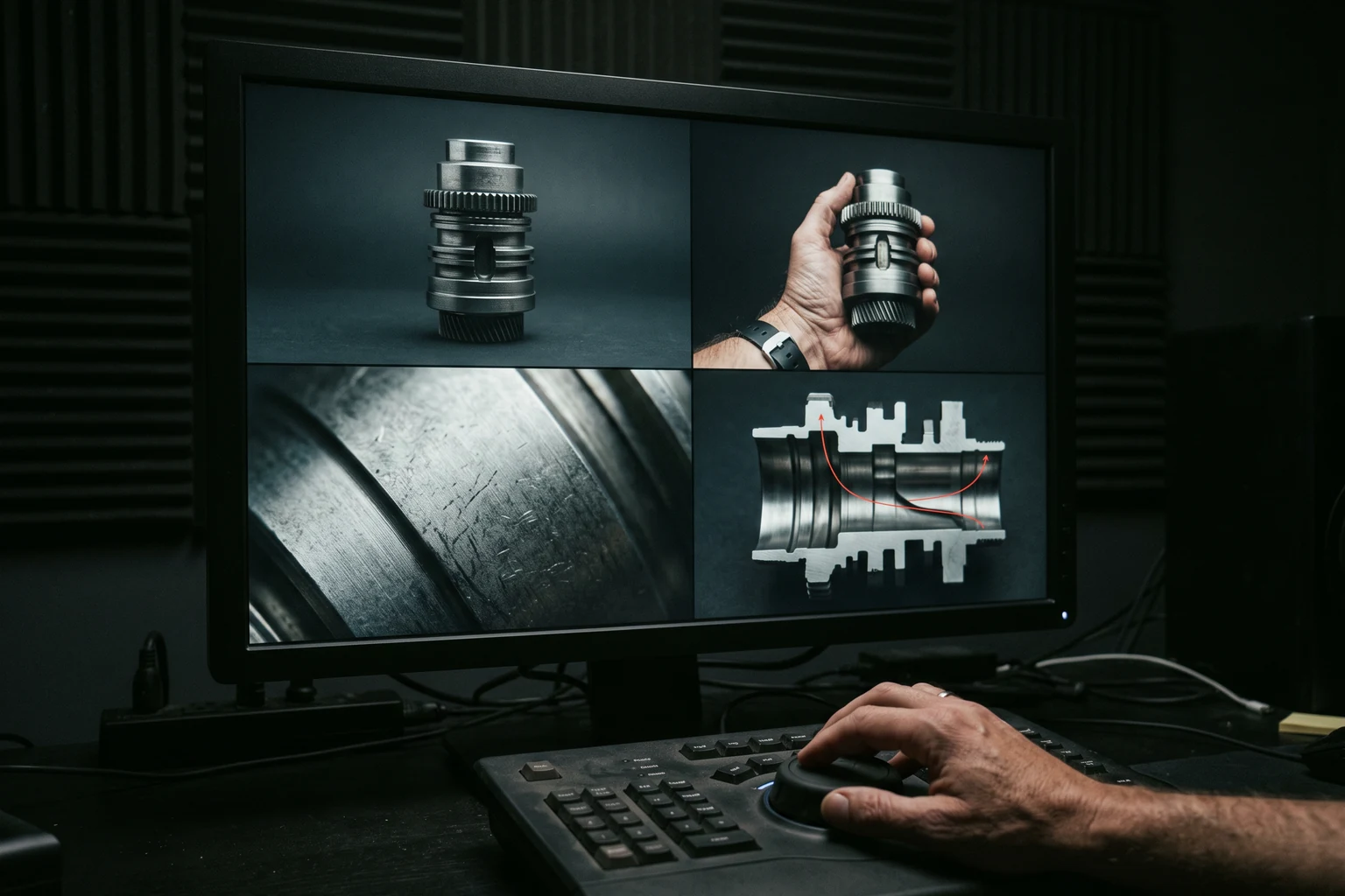 Vier Einstellungen desselben Bauteils nebeneinander auf einem Schnittmonitor: freigestellt im Studio, in einer Hand gehalten, als Makroaufnahme der Oberfläche und als animierte Schnittansicht