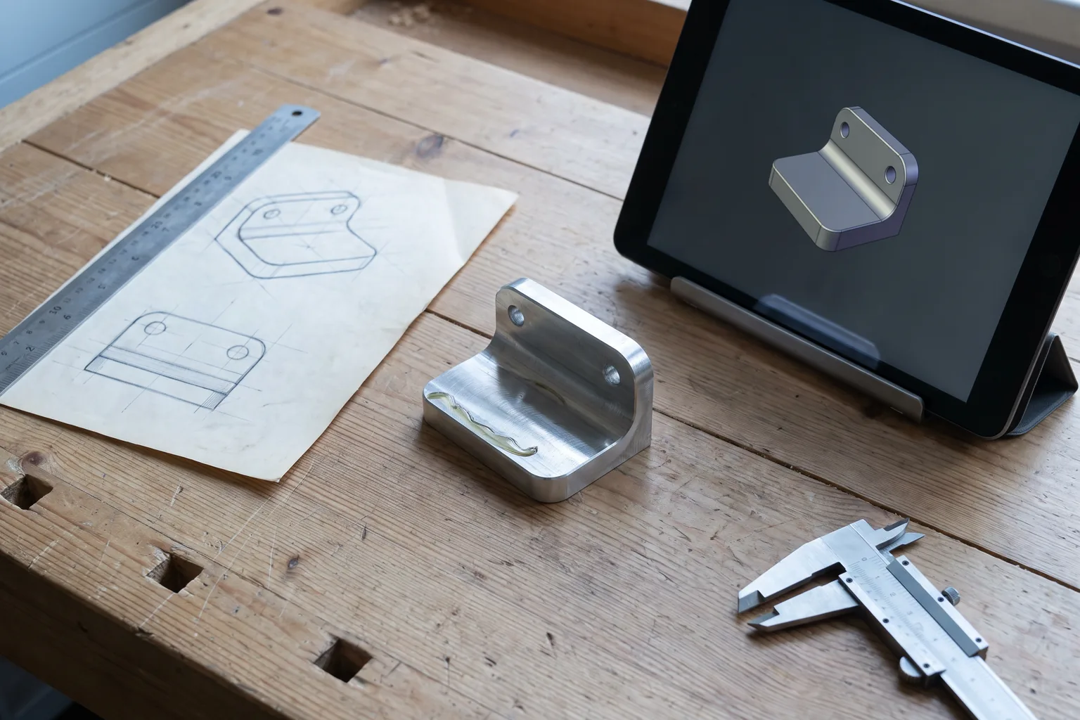 Auf einer Werkbank liegt ein Metallteil, links davon eine Handzeichnung desselben Teils auf Papier, rechts ein aufgestelltes Tablet, das das Teil als gerenderte Szene zeigt